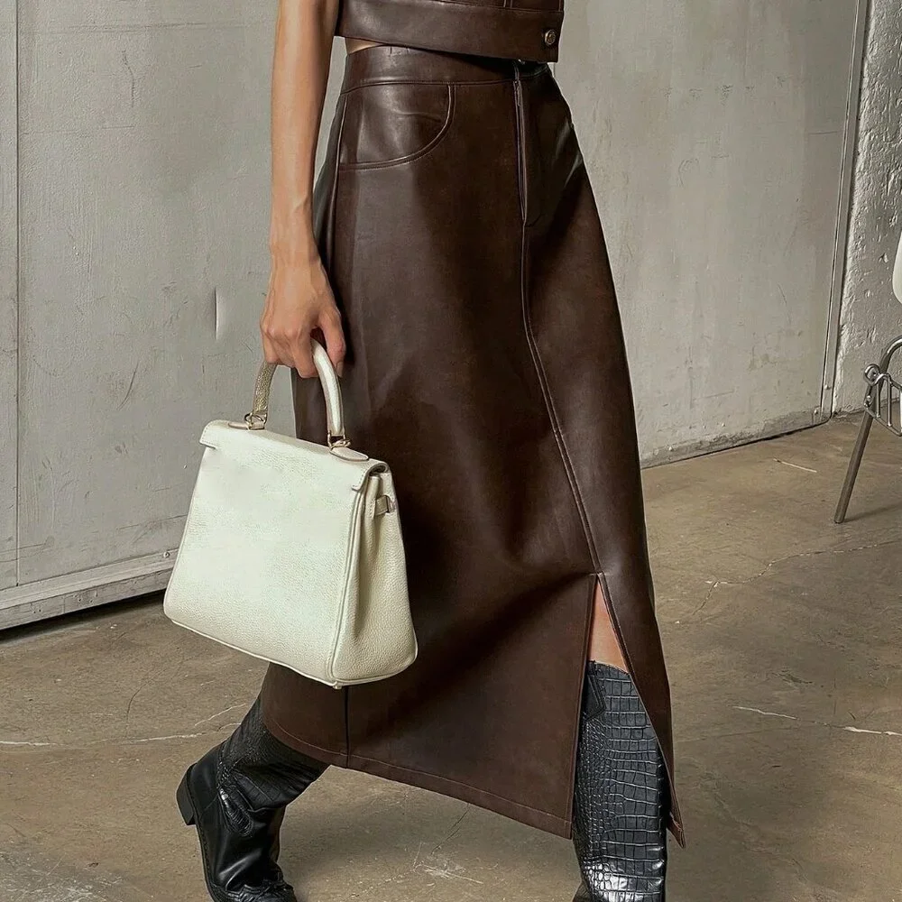 Brown Womens faux leather Sleeveless Jacket Vest & Split Hem Straigt skirt